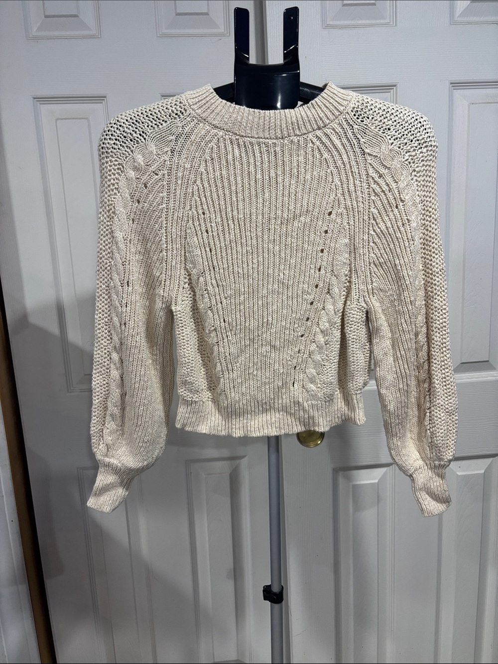 American Eagle Outfitters Cream Cable-Stitch Crewneck Sweater